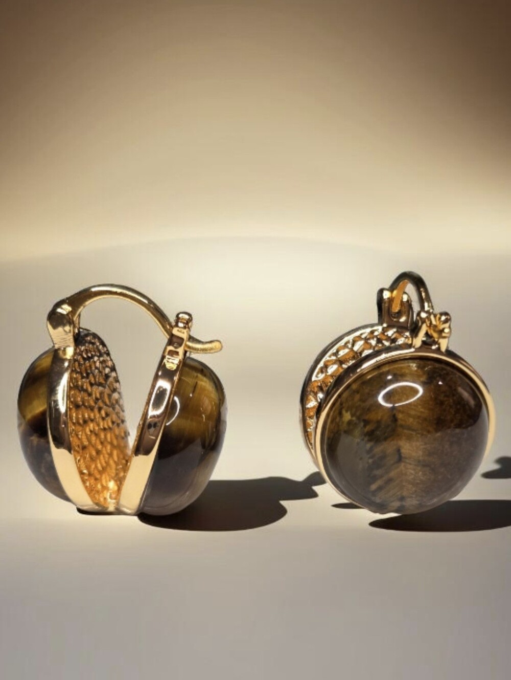 18k Gold Plated Tigers Eye Huggie Hoop Polished Split Sphere Earrings